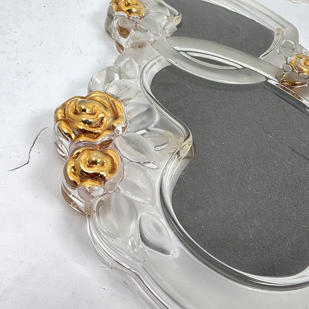 Vtg Mikasa Rosemont Double Heart Picture Frame Glass Crystal Gold Roses 7